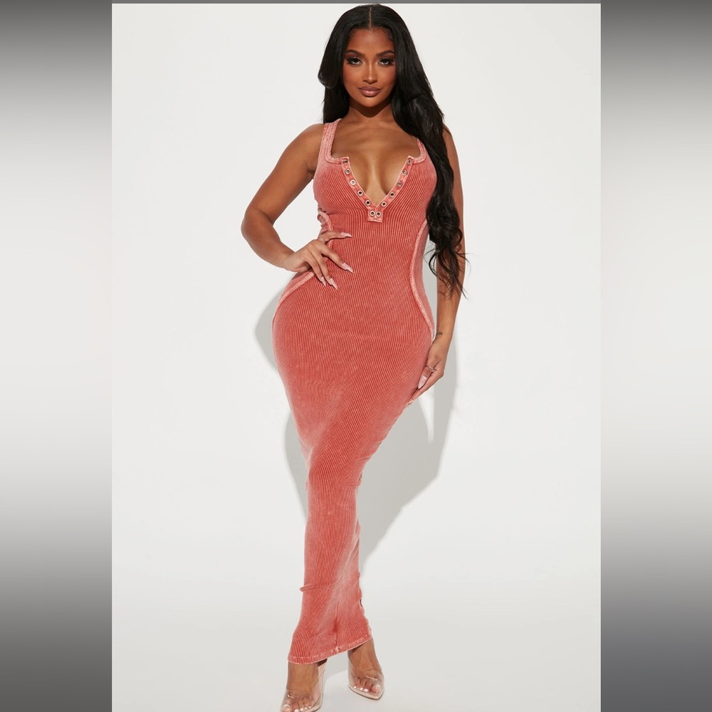 Fashion Nova Lily Mineral Wash Maxi Dress Rust